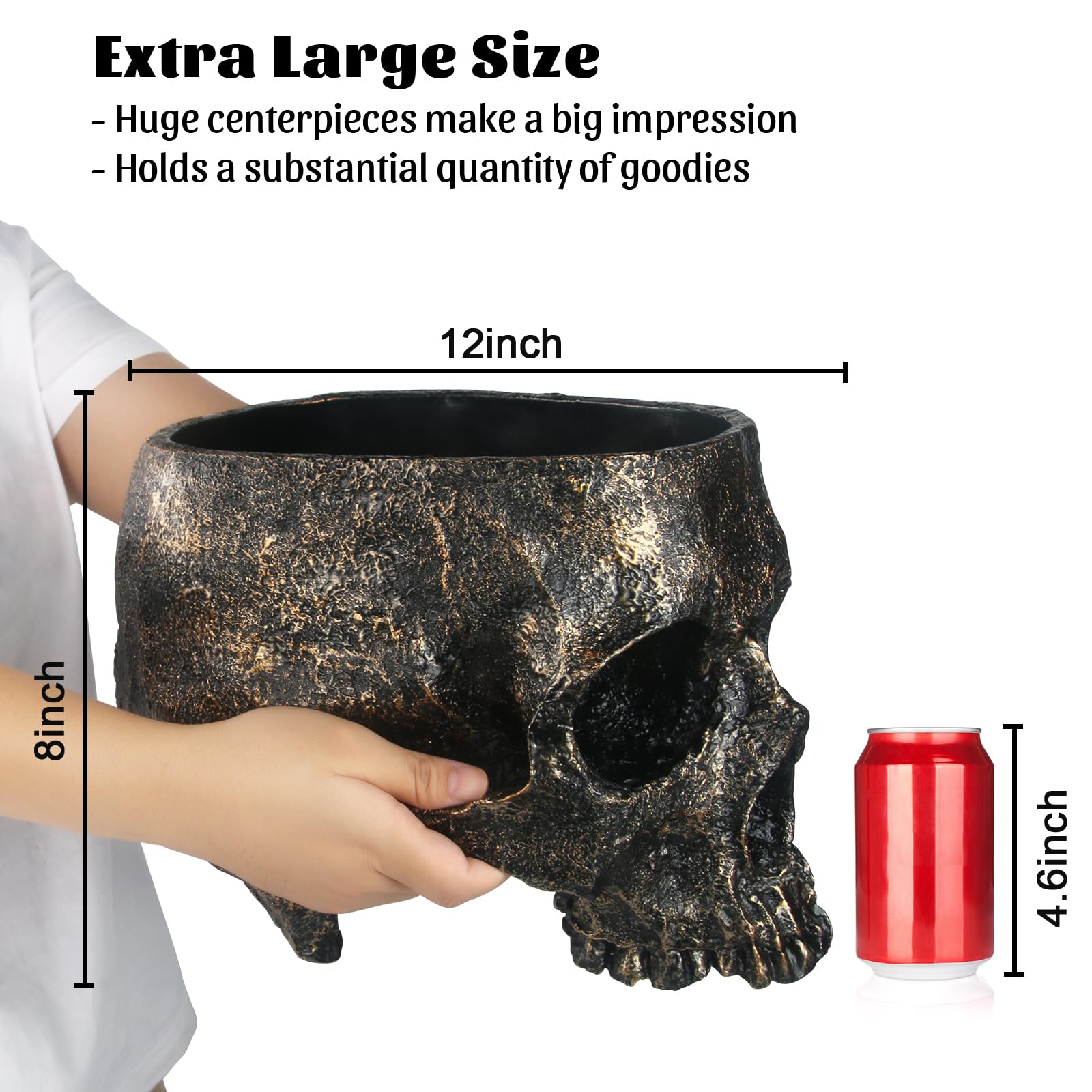 7lb Capacity Extra Large Halloween Skull Candy Dish - Deep Skull Head Halloween Candy Bowl Holder Artificial Resin Skulls Decor Indoor Outdoor Table Centerpieces Flower Pot Plant Office Pen Holder