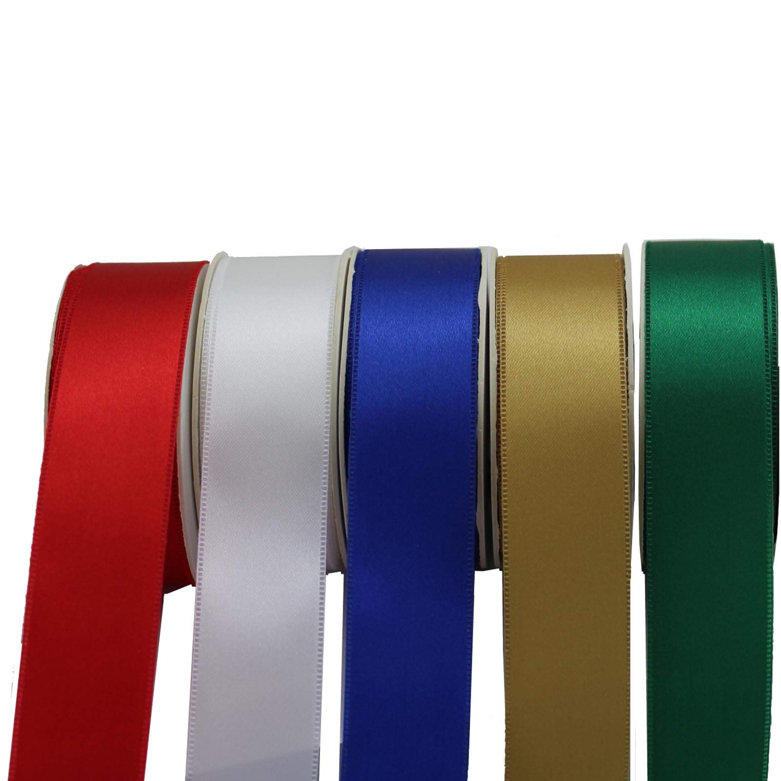 Satin Fabric Christmas Decoration Ribbon - Set of 5, 1" x 10 Yards, 50 Yards Total, Wreath, Gift Bows, Presents, Gift Basket, Easter - Red, Green,