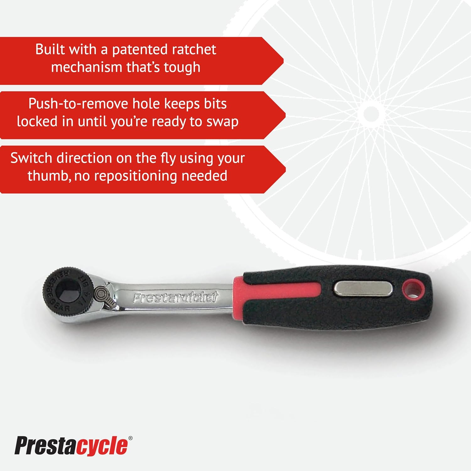 Prestacycle Prestaratchet Bicycle Pro Tool – Compact Reversible Ratchet with Quick-Disc Thumb Wheel, Compatible with 1/4" Hex Bits, Bicycles, Lightweight & Durable Wrench for Precision Work