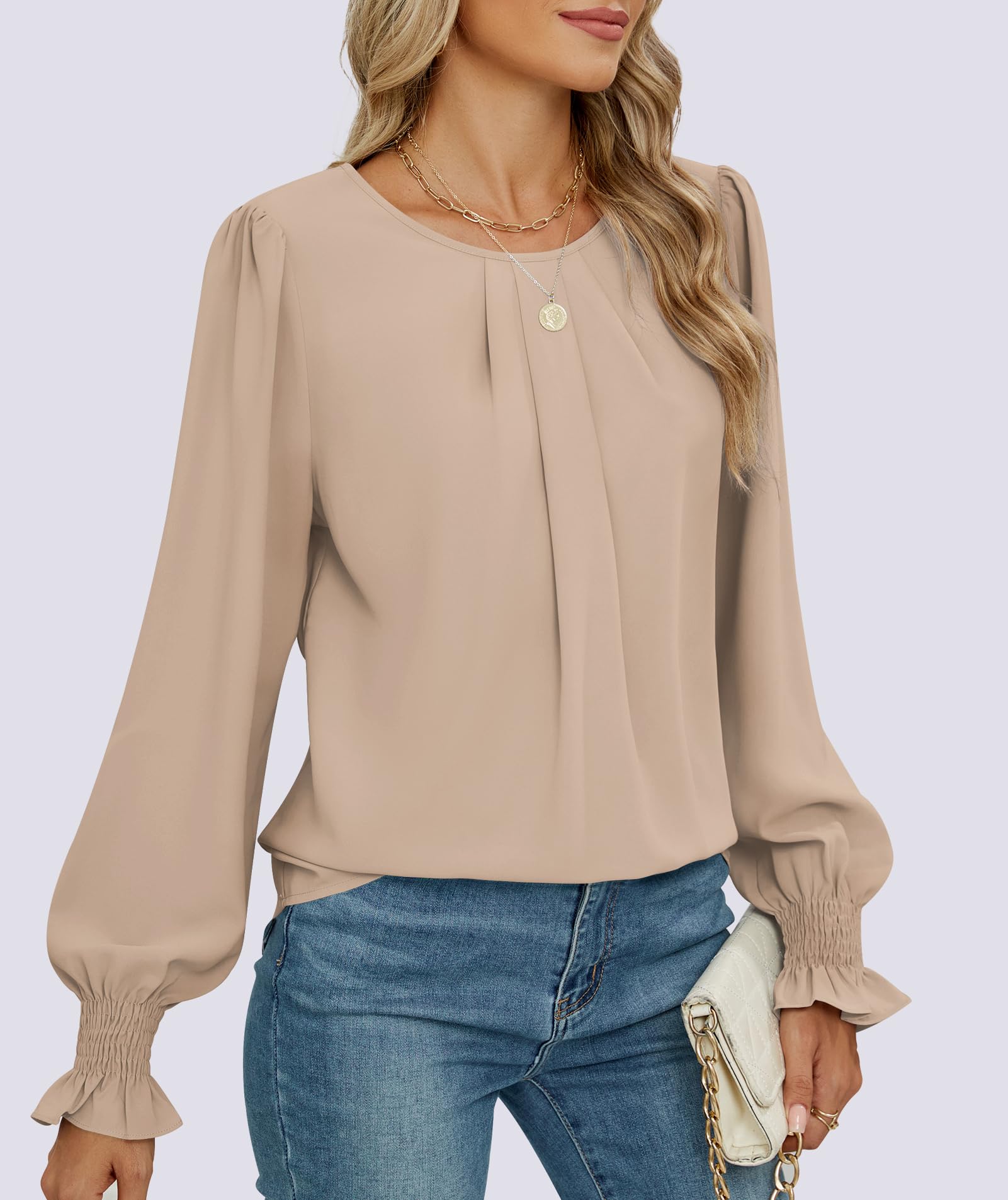 Funlingo Blusas de gasa para mujer, elegantes, informales, fruncidas, de manga larga, plisadas, cuello redondo, holgadas, para otoño de 2025