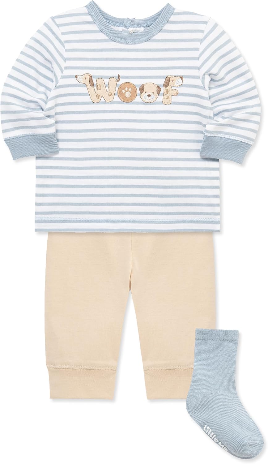 Little Me Baby Boys' 3-Piece Jogger Set, Crew Neck Shirt, Stripe Pant, and Coordinating Socks