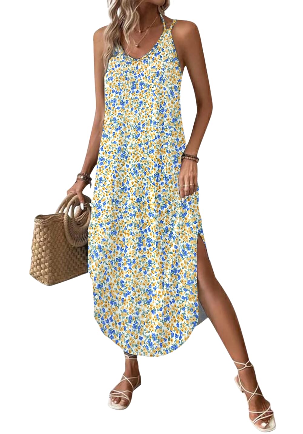 Chicrise Summer Dress Women's Spaghetti Long Summer Sleeveless Maxi Dress V Neck Strappy Dress, M