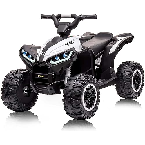 12V Kids Ride On ATV, 4 Wheeler Electric Vehicle for Kids 3-8 Toddler Battery Powered Toy Car for Boys Girls with Remote Control, LED Lights, Soft Start, Treaded Tires, Music, White