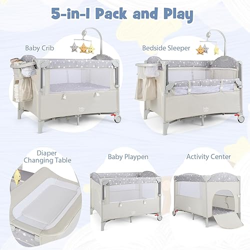 Miniatura 2 de BABY JOY Pack and Play 5 en 1, Cuna Portátil para Bebé al Lado de la Cama con Moisés, Cambiador de Pañales en Forma de U, Correa de Seguridad, Beige