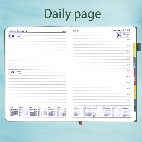 Miniatura 4 de Agenda mensual diaria 2024, calendario, enero a diciembre de 2024, papel grueso de 3.53 ozm, cubierta de cuero, agenda con horario por hora, 6.1 x