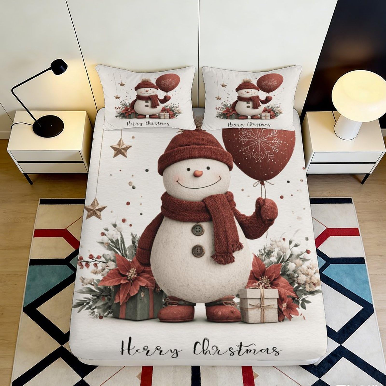 Dhbaneiok Style-9 3D Printed Snowman Christmas Fitted Sheet Microfiber Soft Decorative Balloon Bed Cover For Bedroom Guest Room 90X200x25cm