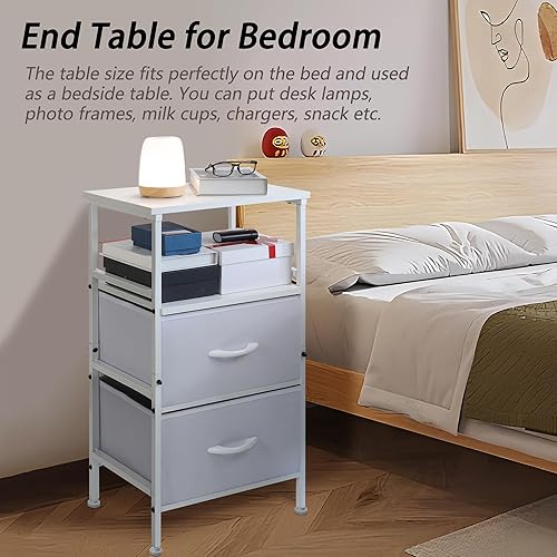 Miniatura 3 de Mesita de noche, mesitas de noche con cajón de almacenamiento de tela y estante de madera abierto, muebles de noche, mesa de noche con cajones, mesa