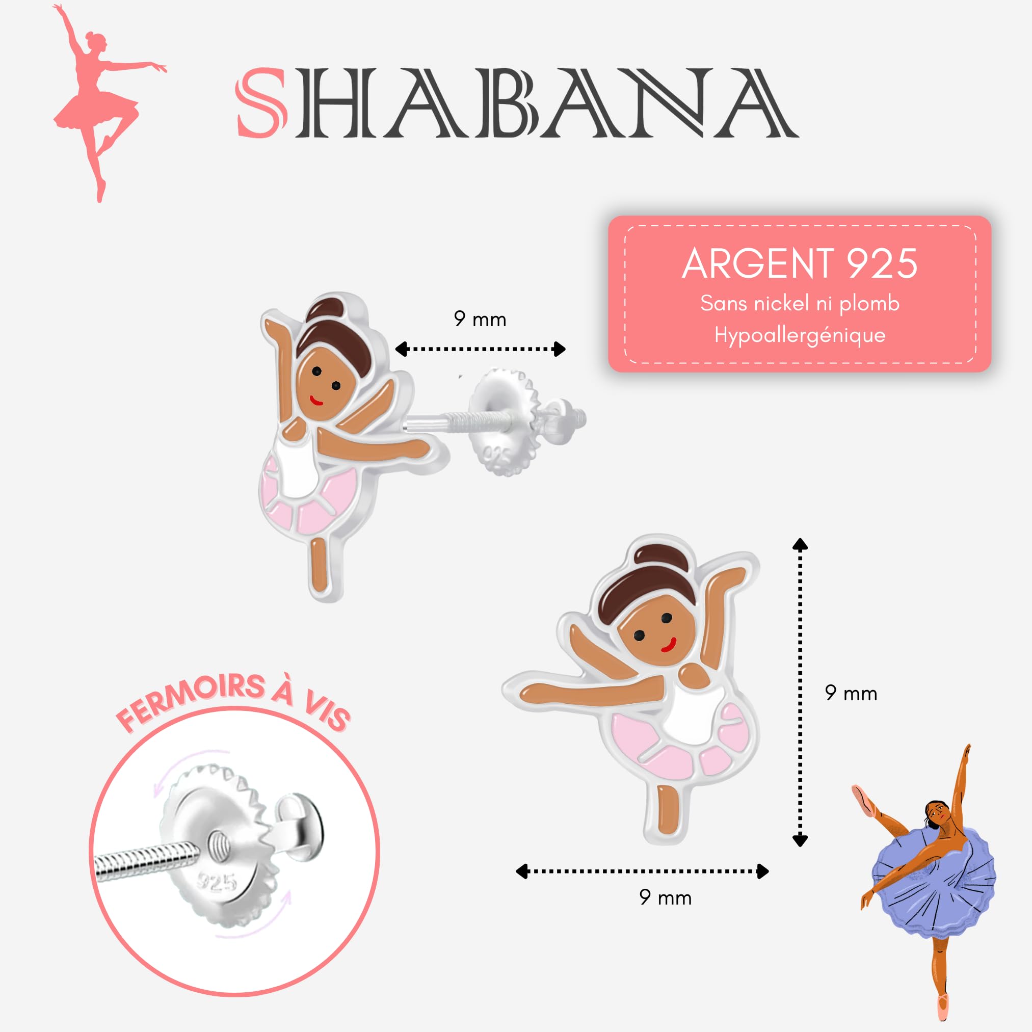 Orecchini da bambina ballerina in argento 925 con chiusura a vite sicura – Gioiello ipoallergenico senza nichel e piombo – Regalo originale per piccole ballerine