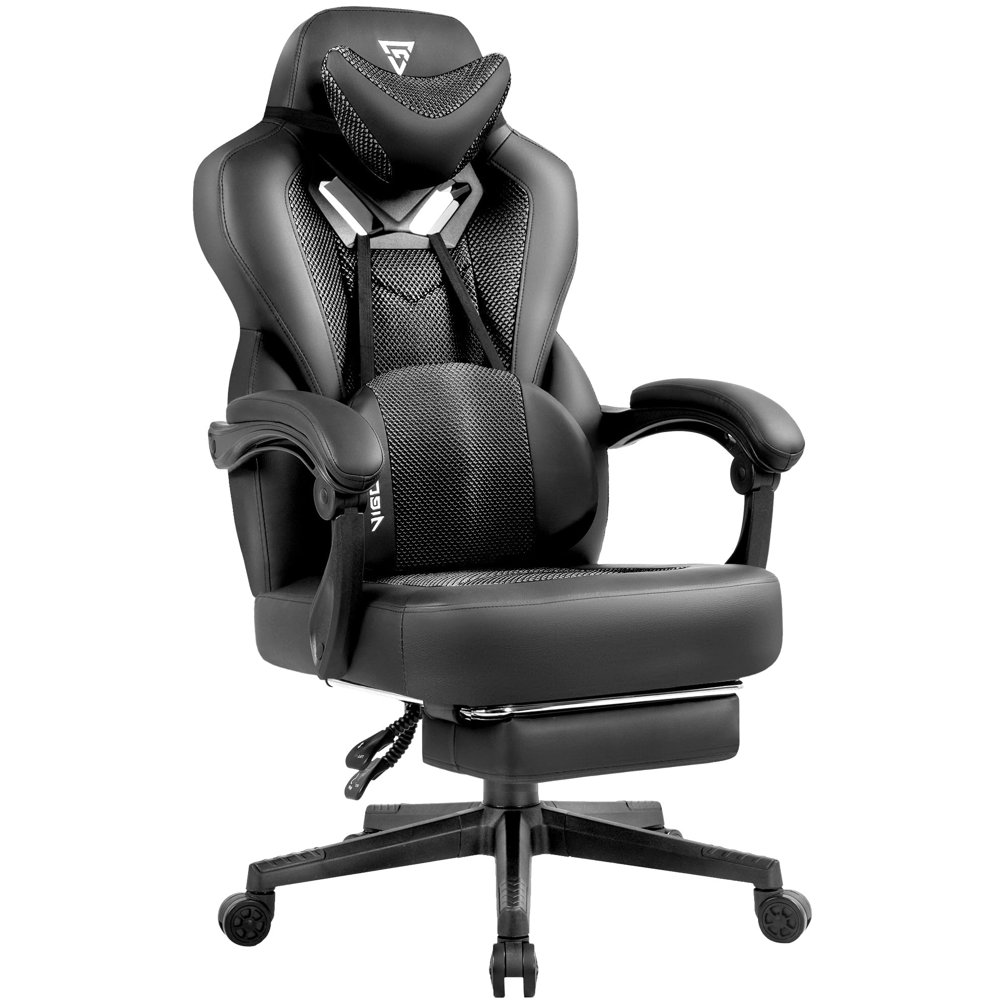 Gaming Chair with PU Leather, Ergonomic Gaming Chairs for Adults with Integrated Armrests and Footrest, High Back Adjustable Comfortable Home Office Computer Chair (Black)