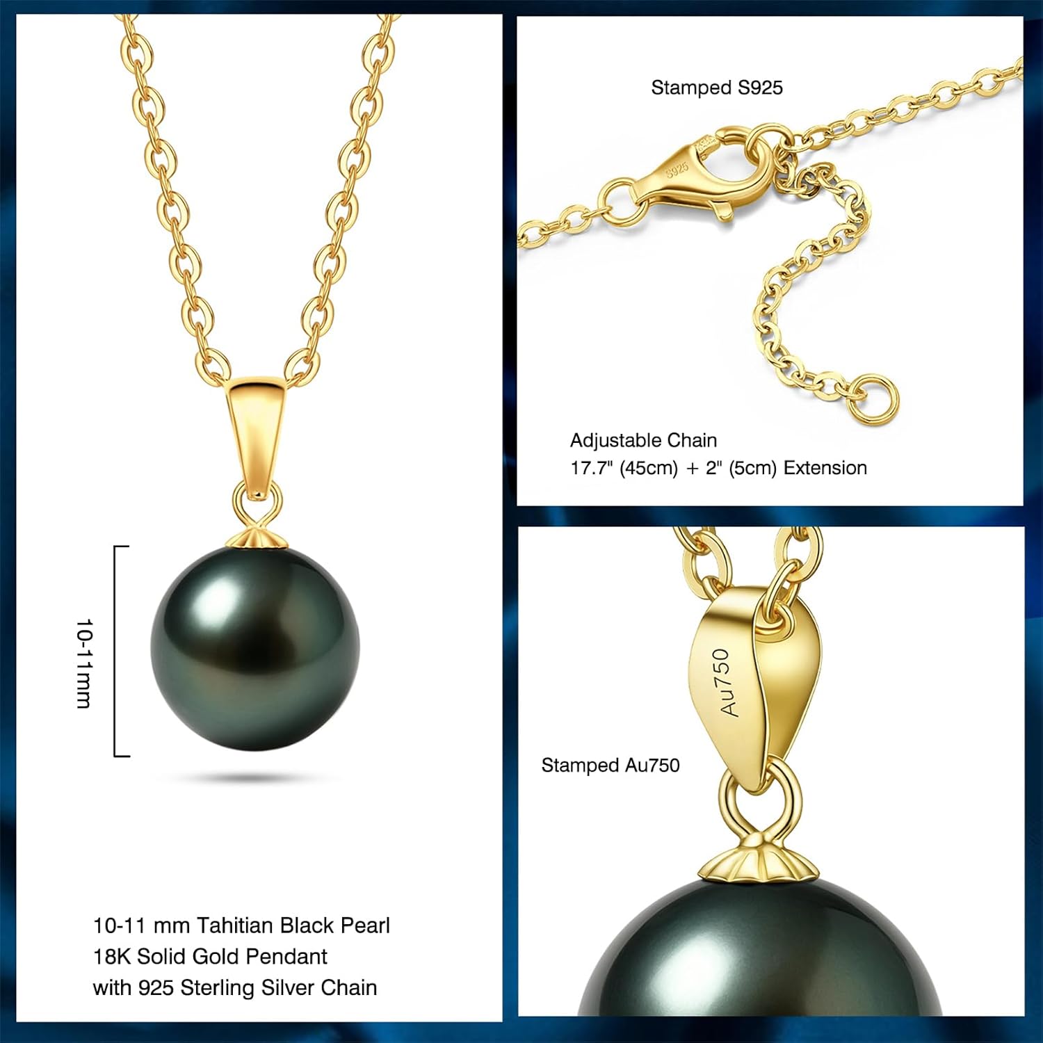 18K Solid Gold Genuine Tahitian Black Pearl Pendant with Sterling Silver Chain, AAAAA 9-12mm Ocean-Grown Pearls - Christmas Gift for Wife Mom, Women Necklace Jewelry for Wedding Anniversary Birthday