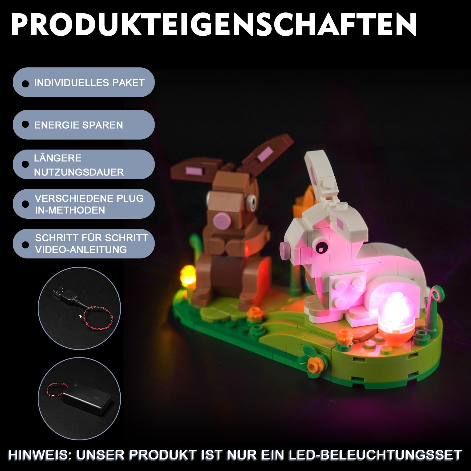BrickBling Juego de Luces LED para exhibición de Conejos de Pascua Lego 40523 (no Lego), Juego de iluminación Decorativa para exhibición de Conejos de Pascua Lego, DE02-40523-P61901 — view 4