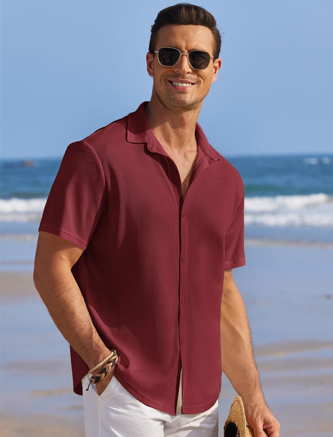 COOFANDY Men's Casual Shirts Short Sleeve Waffle Knit Button Down Shirt Wrinkle Free Summer Beach Tops - Image 3