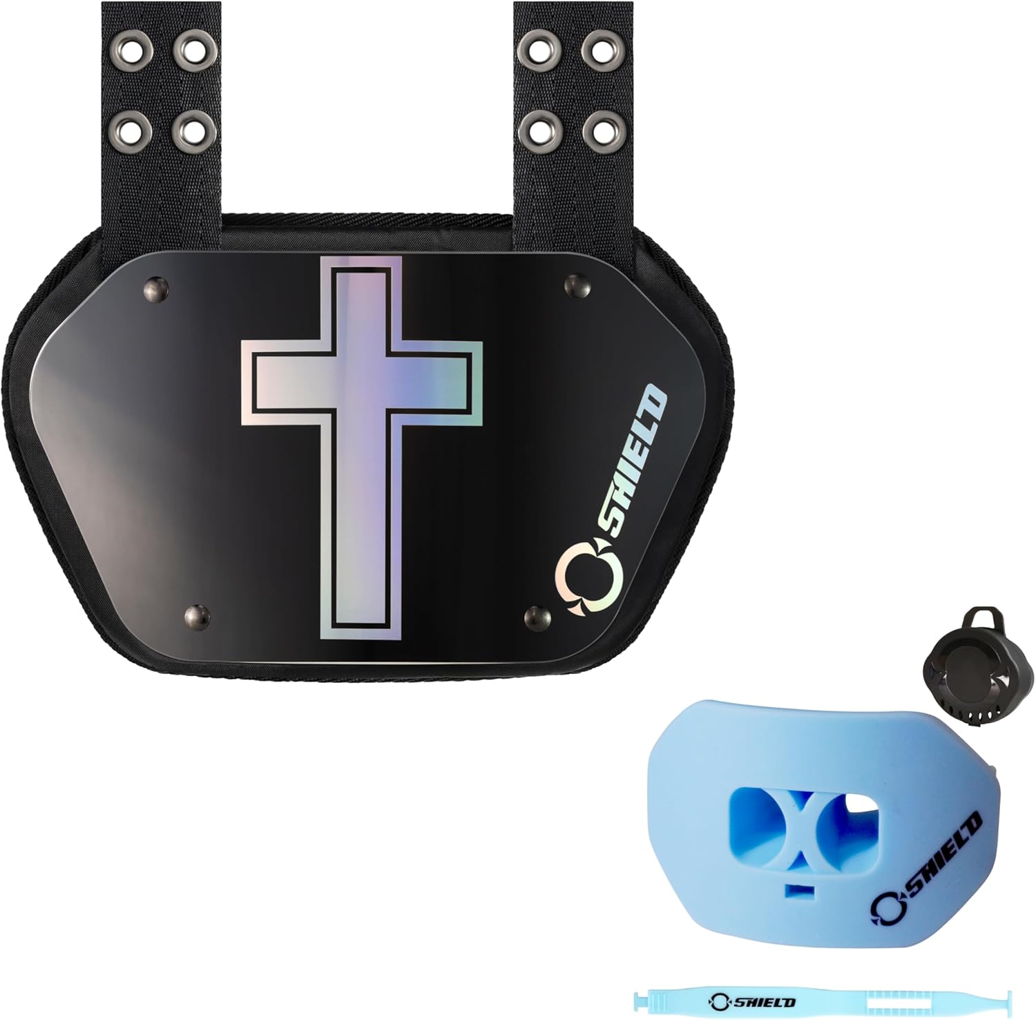O Shield Holy Cross Black Football Backplate with Columbia Blue Mouth Guard, Backplate Football with Mouthguard, Sold by Package, Adult Fit