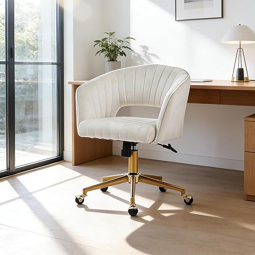 Eifizek Velvet Office Desk Chair, Modern Home Desk Chair with Wheels & Gold Base, Swivel Vanity Chair for Bedroom, Office, Vanity Study (Beige)