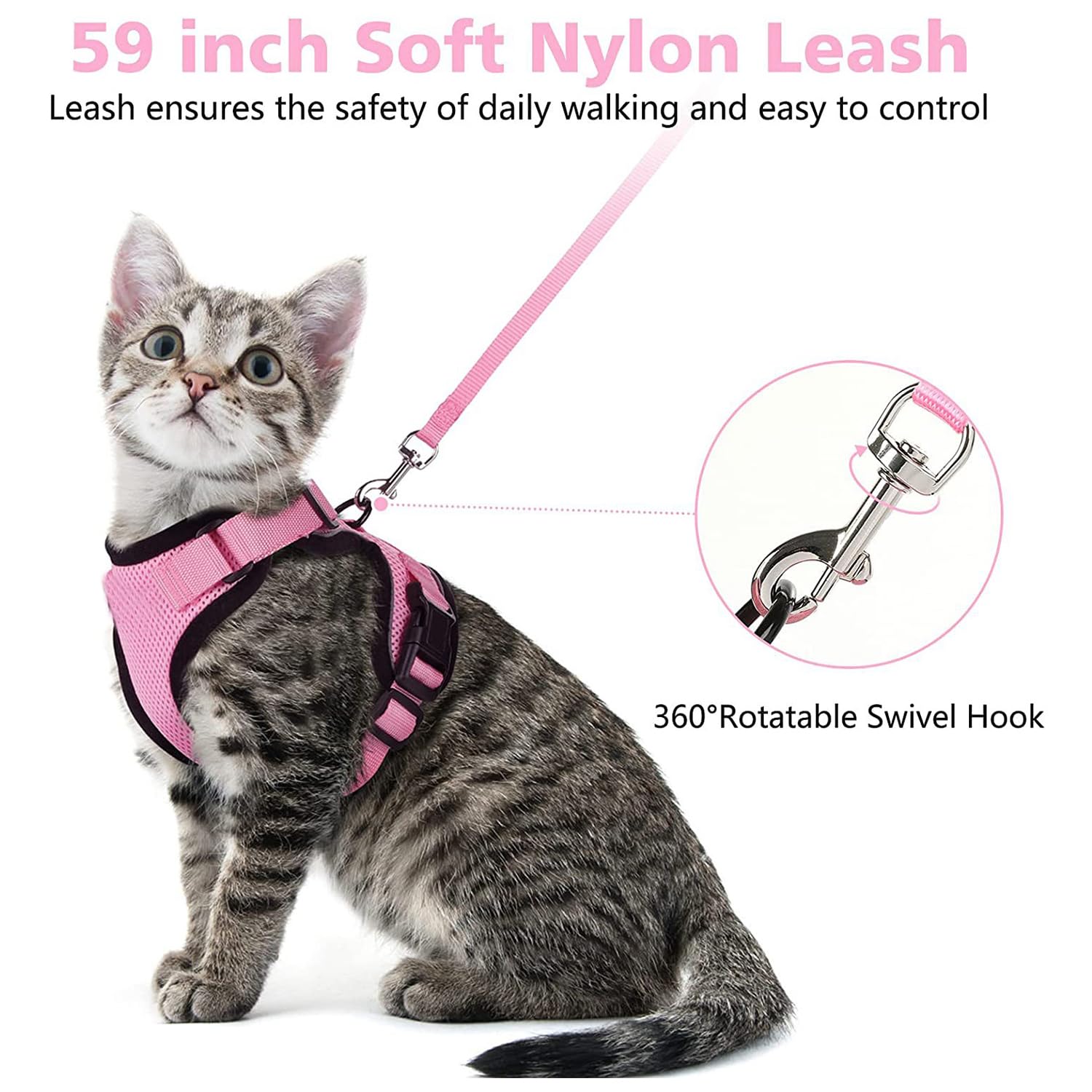 Cat Harness Mesh Traspirante Regolabile Riflettente Guinzaglio per Gatti Cuccioli (S, Rosa)