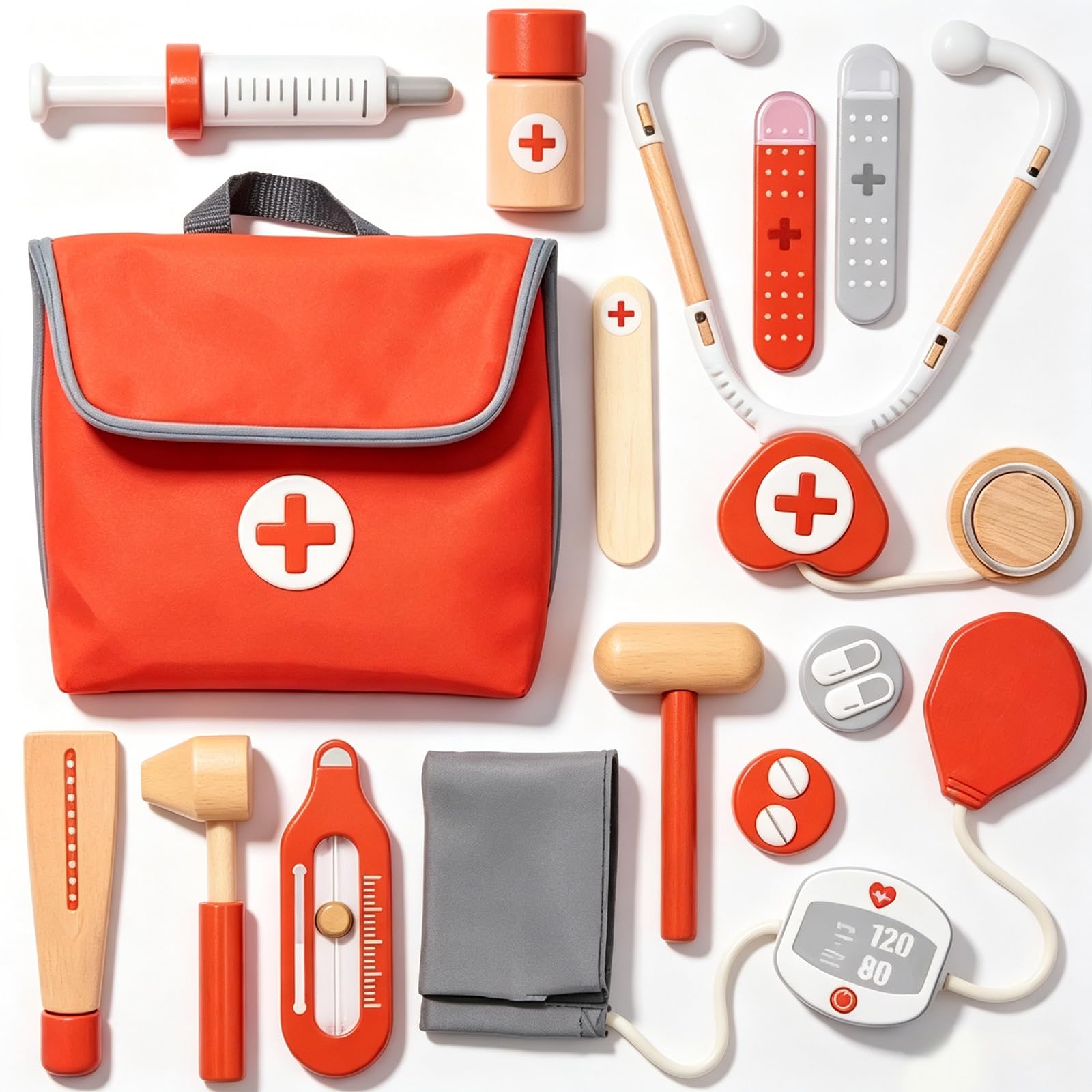 Set medico rosso in legno di simulazione kit educativo di simulazione medica con valigetta medica per gioco di ruolo e sviluppo dell'apprendimento precoce