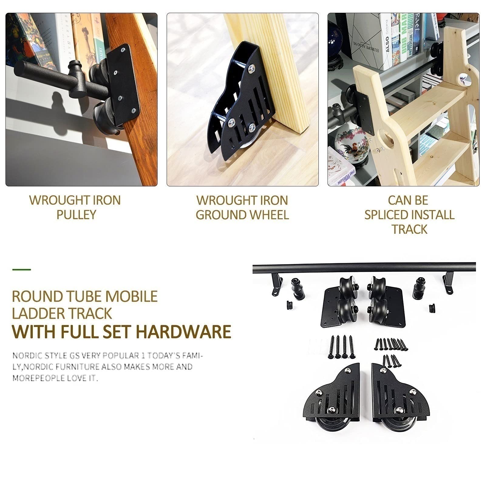Kit di Ferramenta Scala della Libreria Rotolamento - Set Ferramenta di Binario Porta Scorrevole, per Casa/Interni/Loft Tubo Tondo Mobile in Acciaio al Carbonio (Senza Scala), Nero