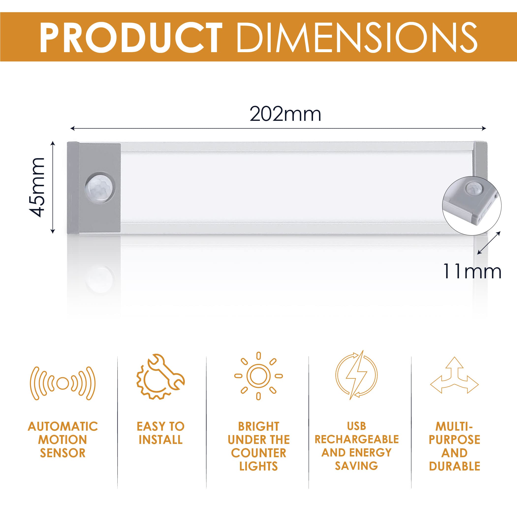 VYANLIGHT Luce a 58 LED con sensore di movimento per interni, luce per armadio, ricaricabile tramite USB, senza fili, per cucina, armadio e armadio, 1500 mAh, bianco caldo e naturale, confezione da 2