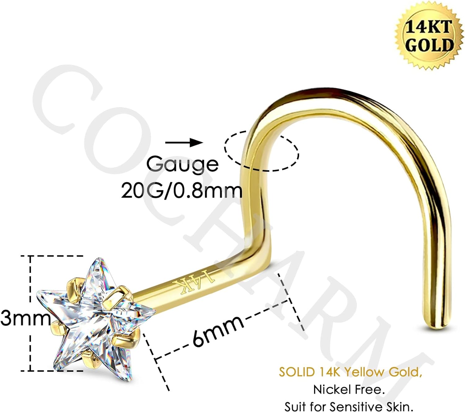 COCHARM 14k Solid Gold Nose Stud Yellow Gold 3mm Star S Shape Nose Ring for Women 14K Real Screw Nostril Stud Hypoallergenic