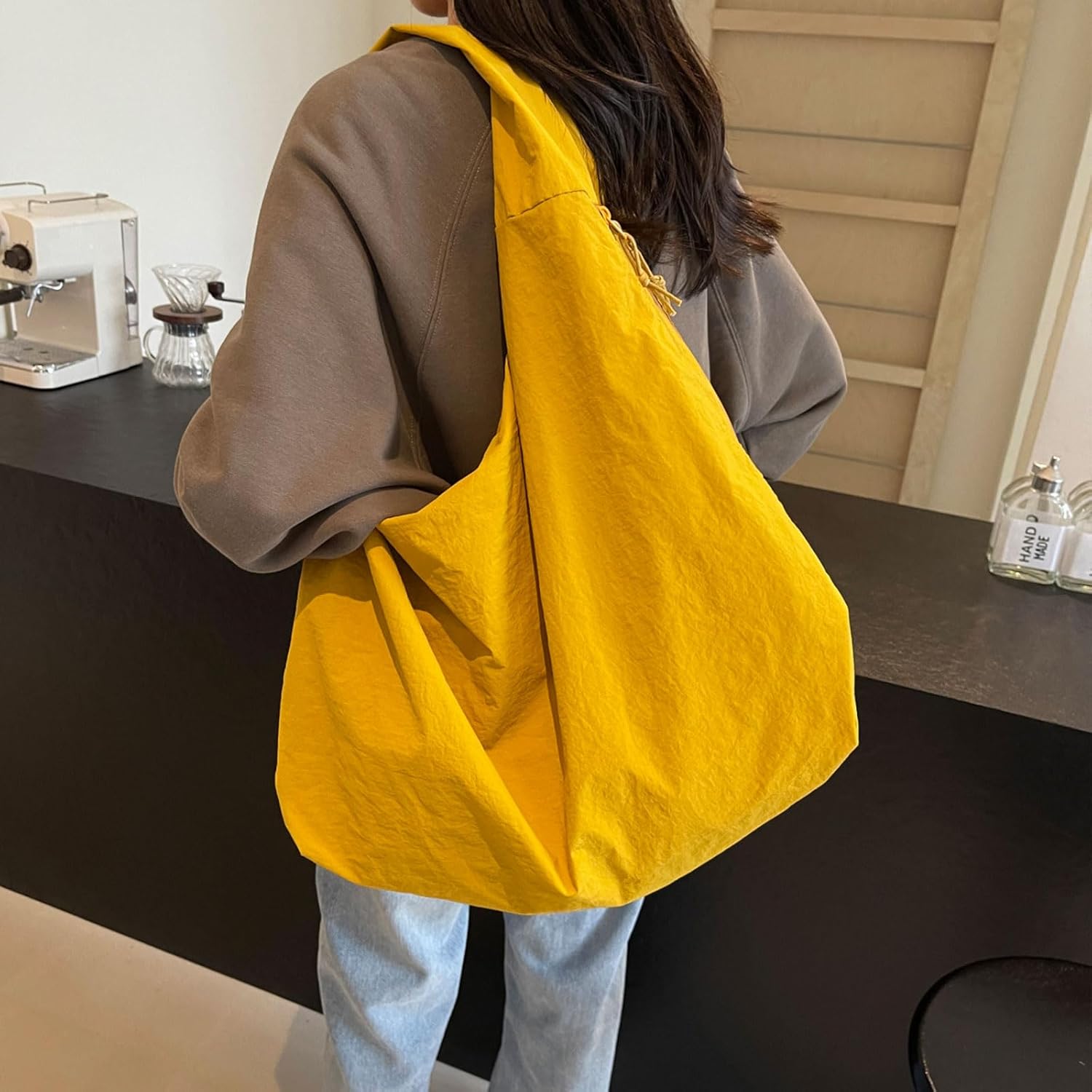 Nylon Tote Bag Large Plain Casual Shoulder Bag Stachel Laptop Bag Travel Daypacks (Yellow)
