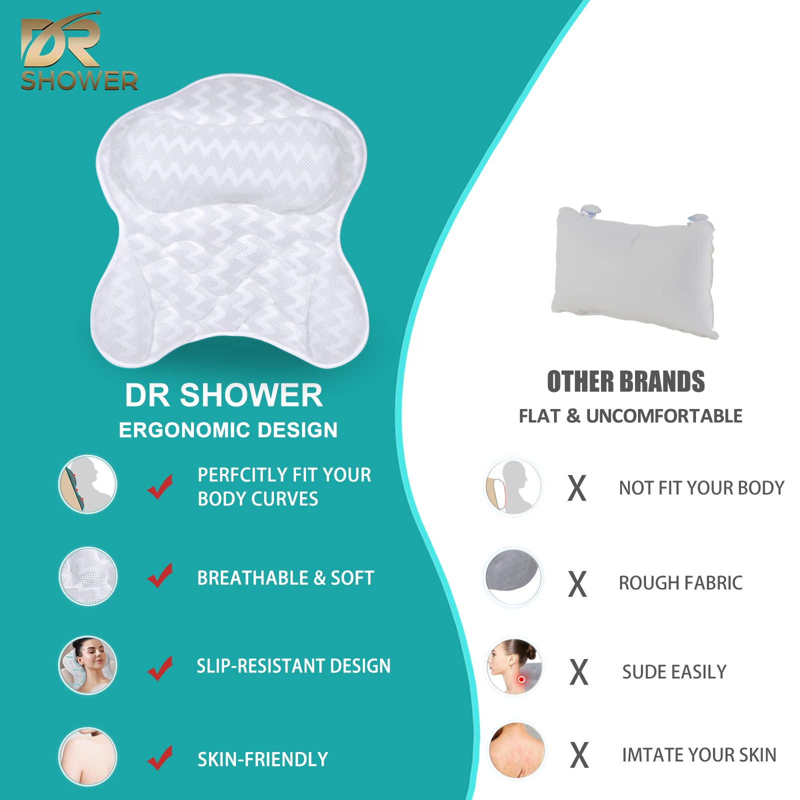 Bath Pillow,Tub Pillow for Bathtub Support Neck,Head and Back with Strong Non-Slip Suction Cups and Comfortabl 4D AirMesh Bath Pillow for Men and Women