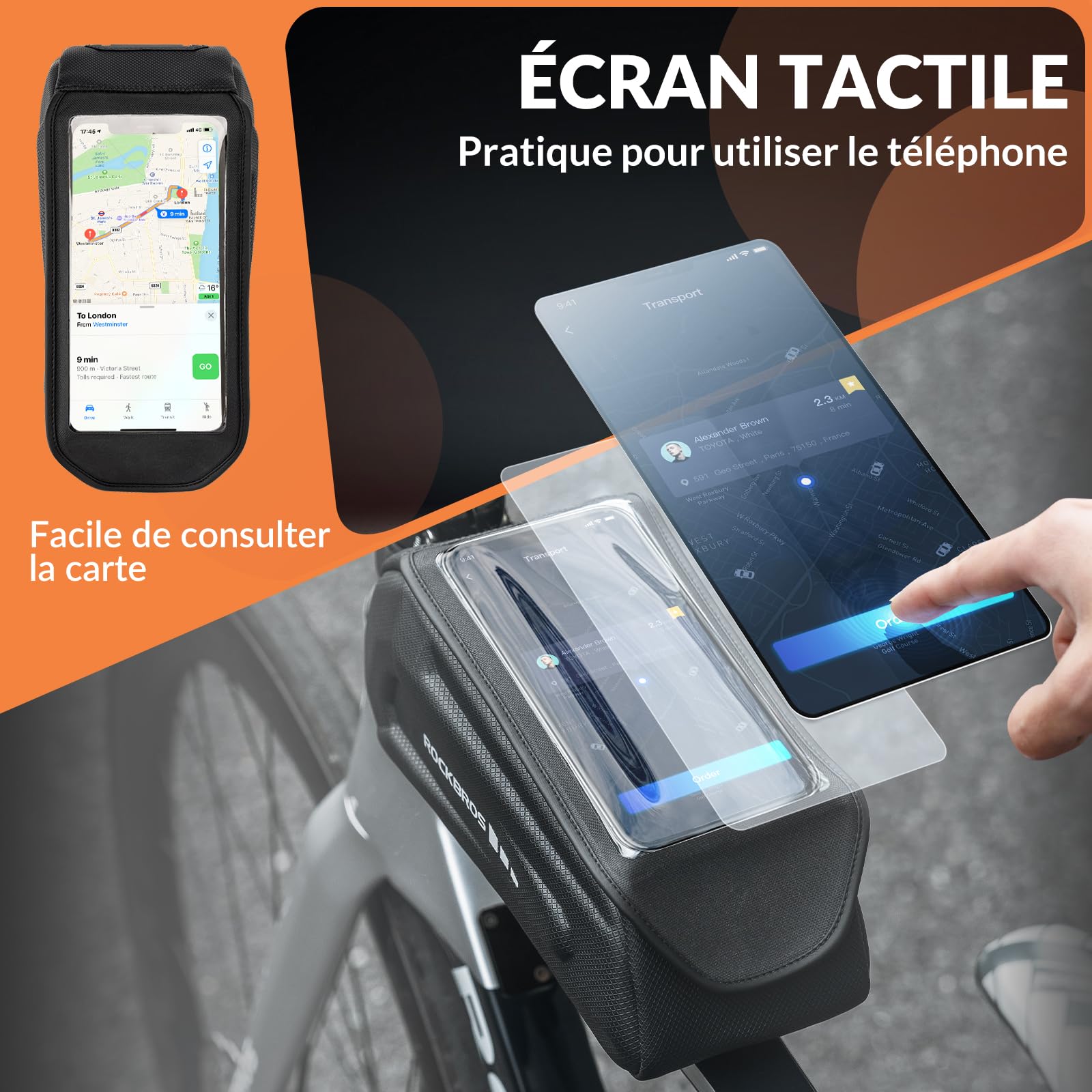 ROCKBROS Sacoche Cadre Vélo Téléphone 6,7" Étanche 1,7L Noir | Pochette Smartphone Vélo avec Écran Tactile, Sacoche VTT Double Zip Portable pour iPhone Android, Route et Cyclisme