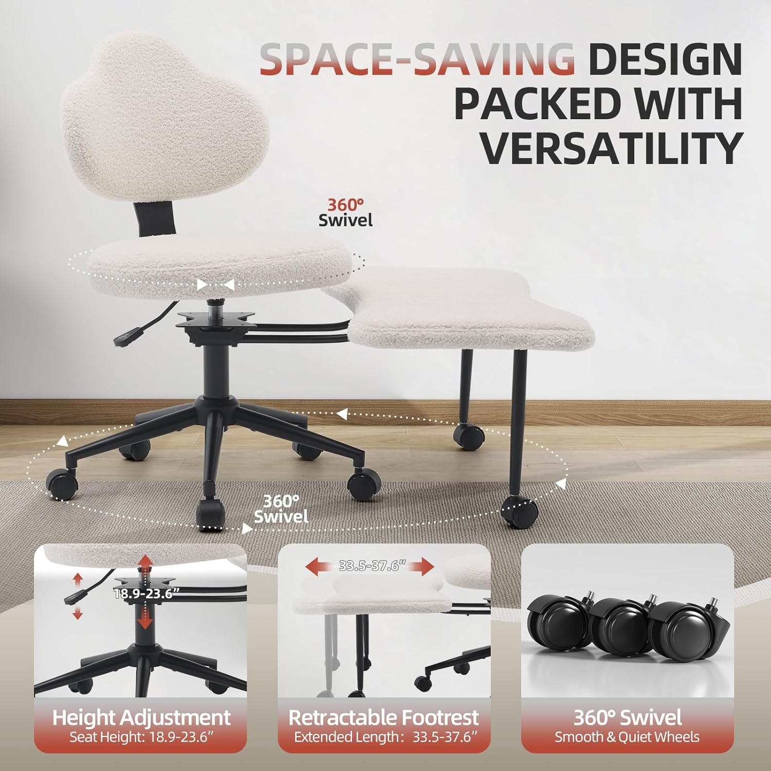 Ergonomic Cross Legged Chair, 360° Swivel Meditation Chair with Wheels, Height Adjustable Seat for Meditation, ADHD & Yoga, Teddy Fabric Yoga Stool for Home Office, White