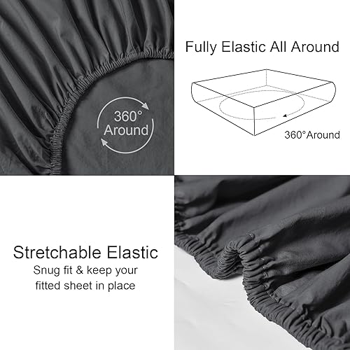 Miniatura 5 de PHF Sábana bajera ajustable de algodón 100% lavado en prenda, tamaño Queen - Cozy Cloud sábana inferior suave como lino solo con bolsillos profundos