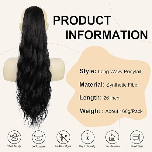 Miniatura 6 de FREEMEIGE Extensión de cola de caballo con cordón para mujer, cabello sintético negro de 26 pulgadas, extensión de cabello esponjoso para uso diario