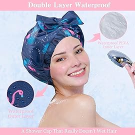 2 PCS Waterproof Shower Caps, Oversized Adjustable Hair Cap with Bow Knot for Women, Reusable Double Layer Waterproof Bathing Cap for Shower, Spa, Makeup, Design for All Hair Lengths/Style