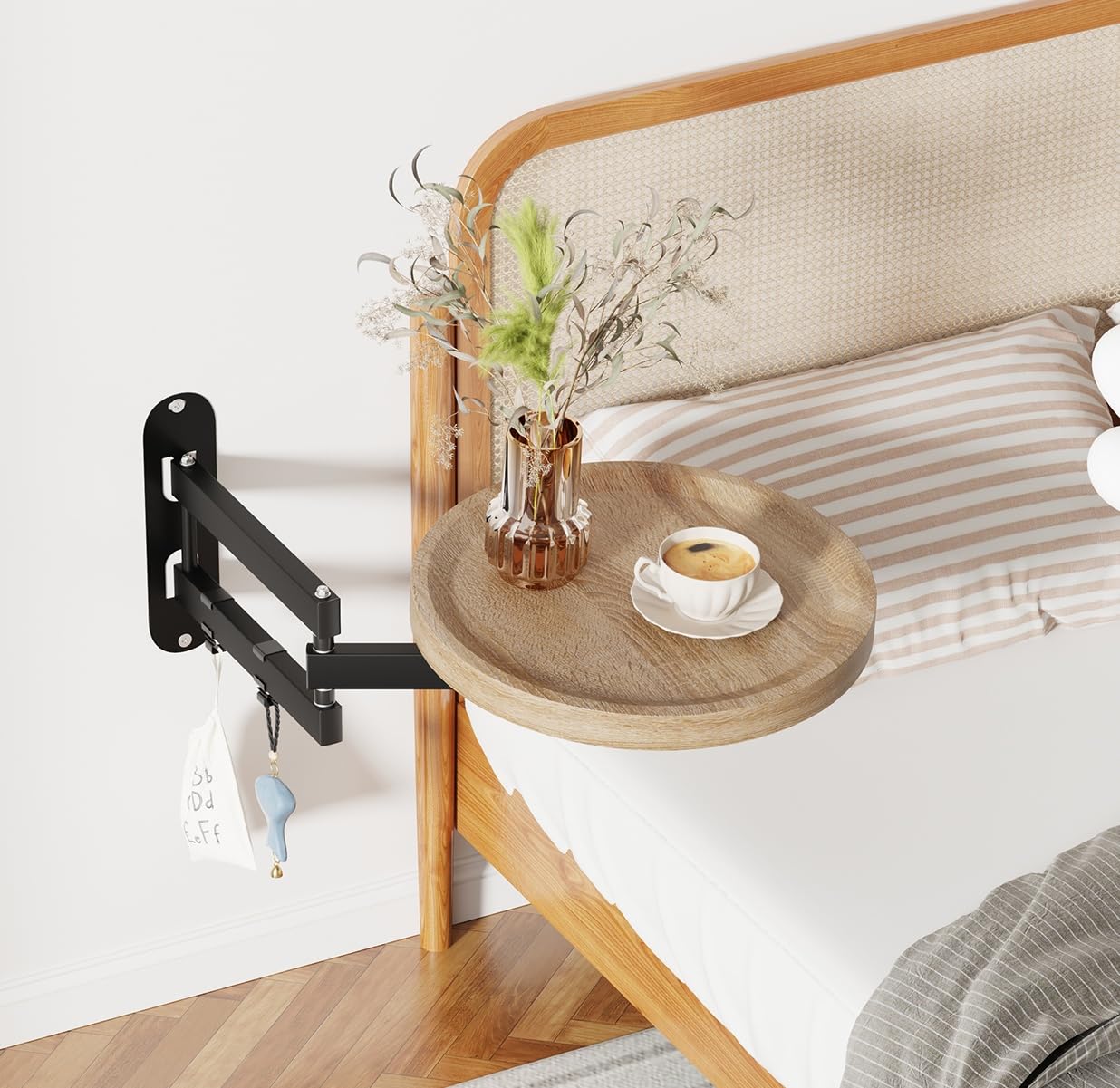 Menaka Wall Mounted Folding Side Table Bedside Shelf for Sofa Bed, 28cm Round Small Drop Leaf Floating Coffee Table Desk Nightstand with Retractable Brackets for Bedroom Living Room (oak#2)