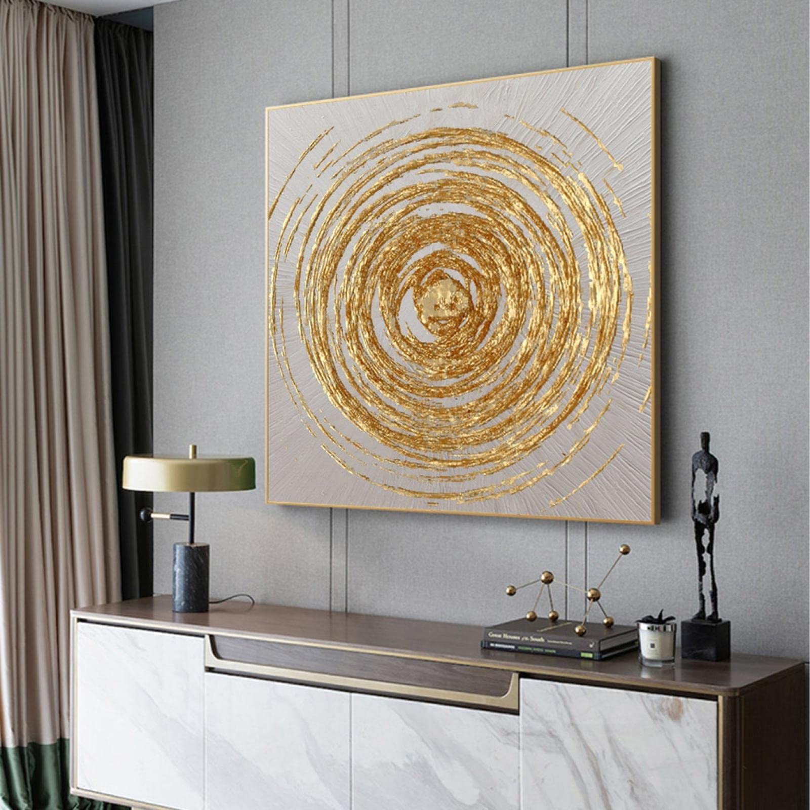 Großes goldenes Kreis-Ölgemälde auf Leinwand, Mode, abstrakt, original, minimalistisch, Blattgold, gerahmt, Wandkunst, Wohnzimmer, 90 x 90 cm (35 x 35 Zoll) mit Rahmen
