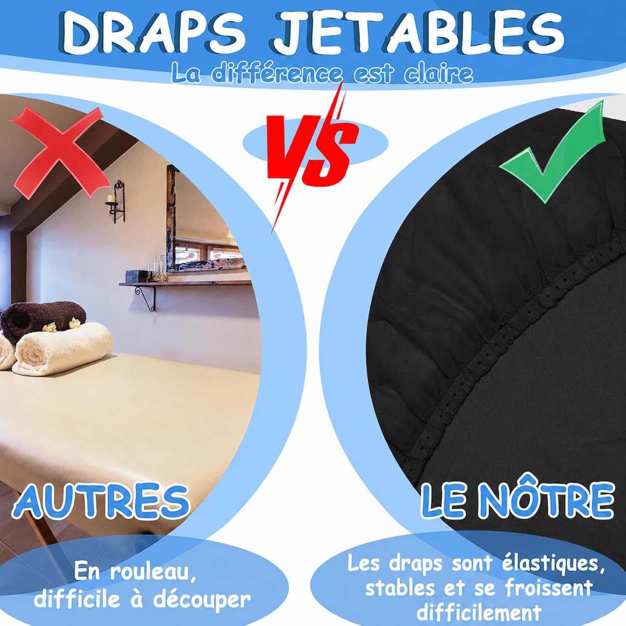 Lot de 40 Draps-Housses Jetables pour Table de Massage, 220 x 100 cm, Noir