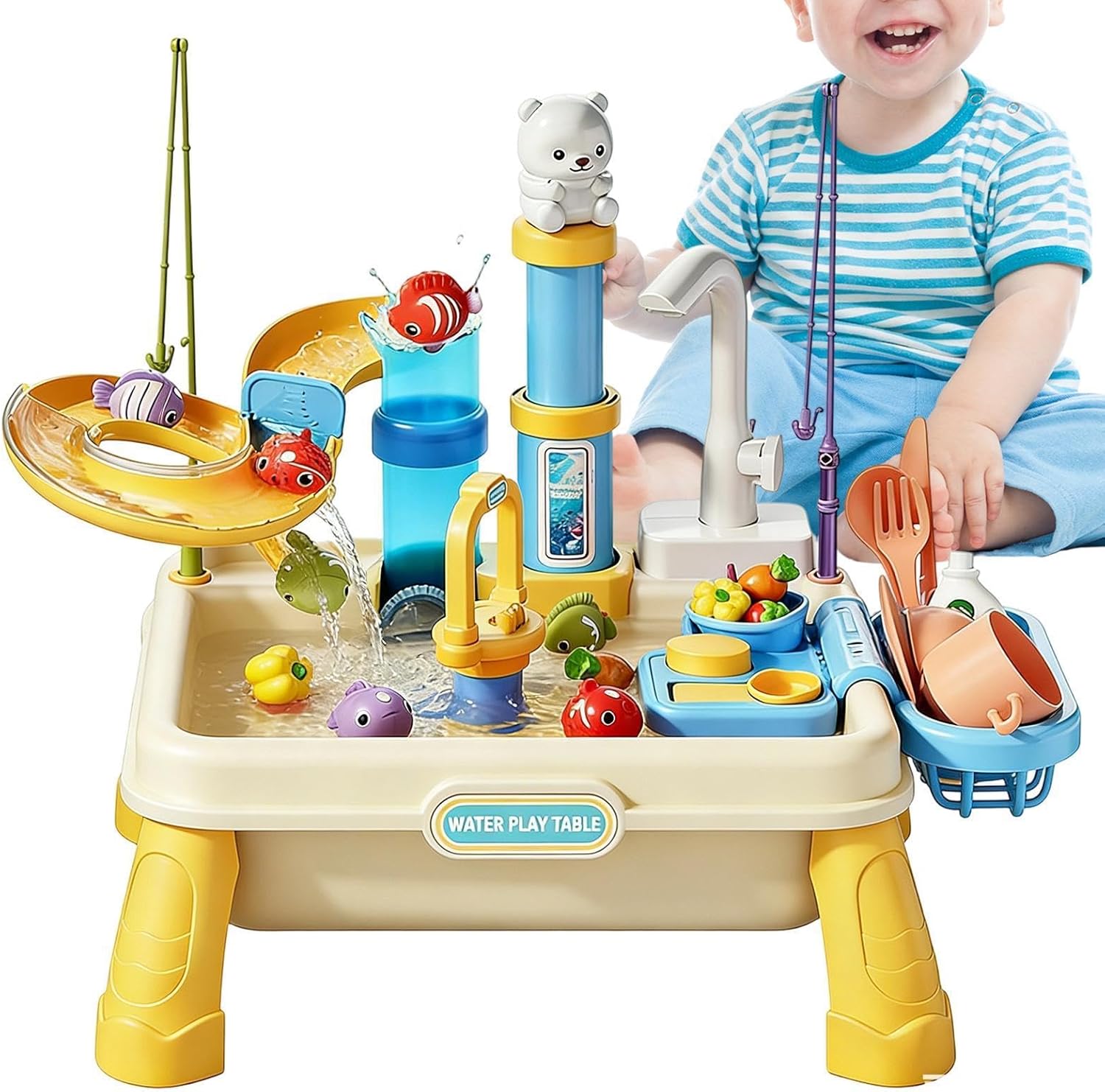 Water Table, Outdoor Sensory Play Set, Built in Pump Activity Station, Water Fun Learning Toy, for Boys Girls Ages 4-8 Playroom Daycare Patio Beach Garden Park Outdoor Summer Activity Use