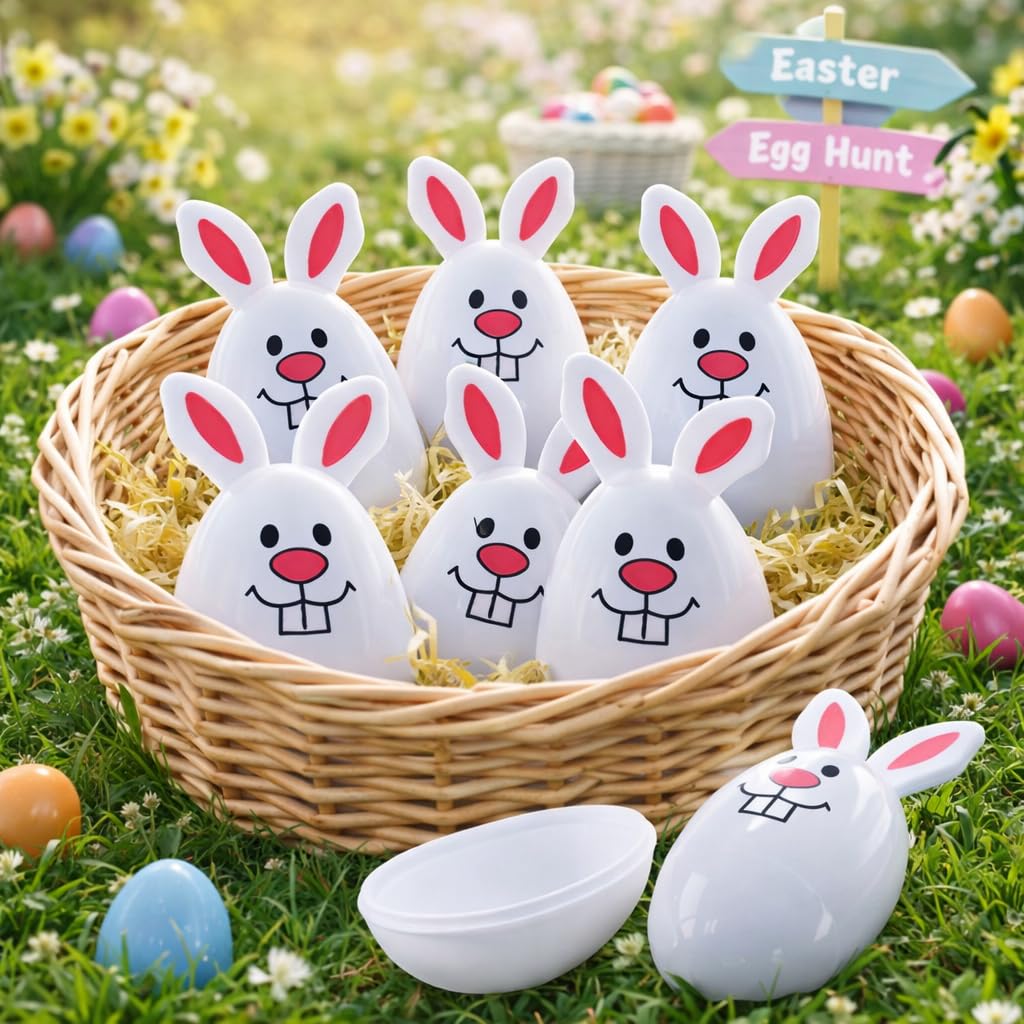 Set di 6 uova di Pasqua in plastica con coniglietto sorridente bianco
