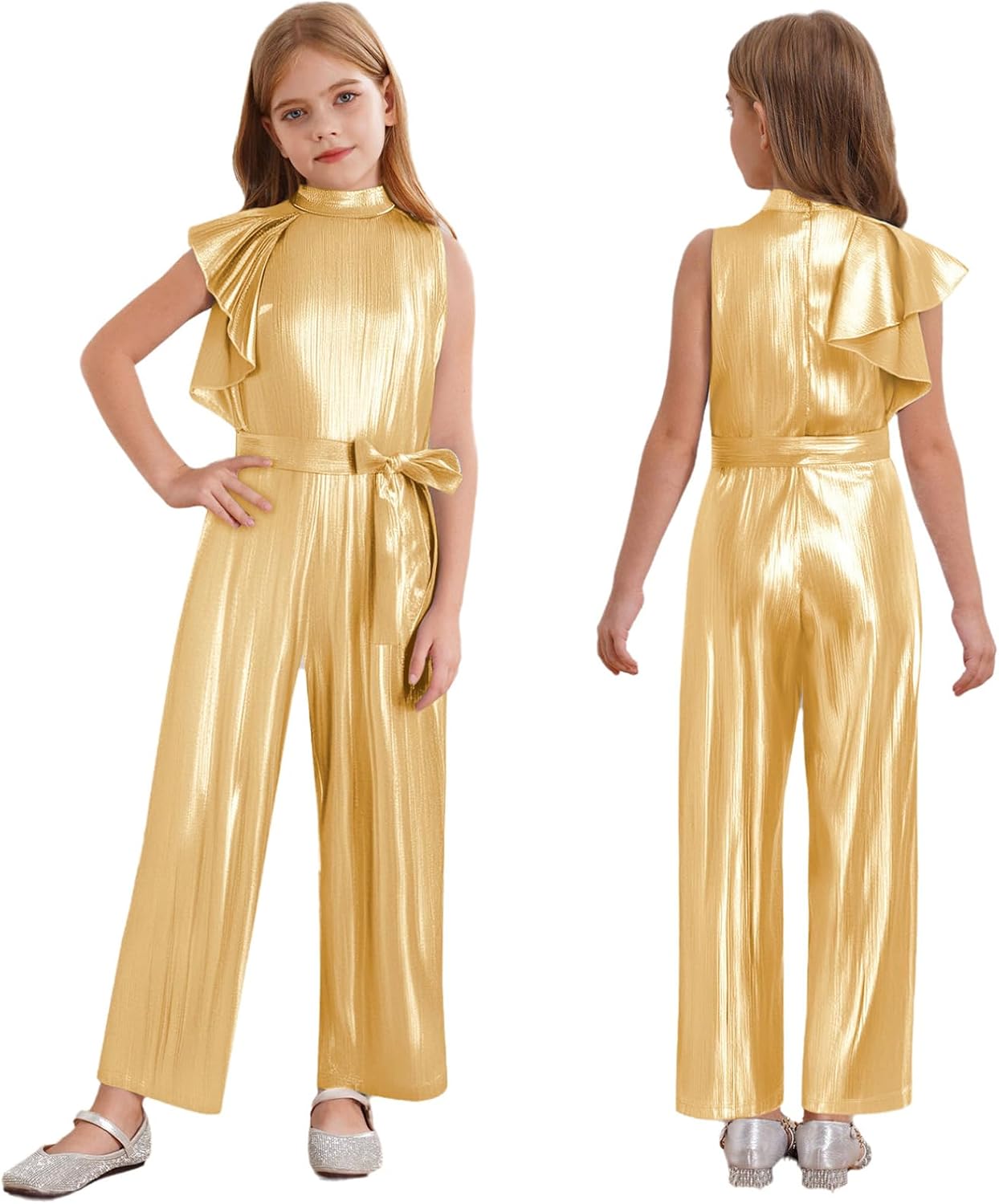 ranrann Girls Metallic Jumpsuits Ruffled Fashion One Piece Romper Outfits Belted Wide Long Pants