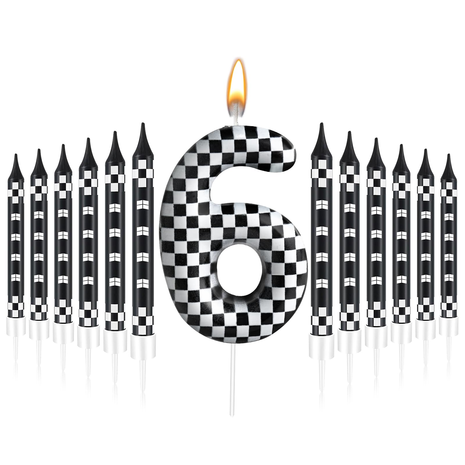 13 Pcs Racing Cars Themed Birthday Candles 12 Black and White Race Number 6 Checkered Candle Cake Topper for Racing Car Party Decoration Supplies (