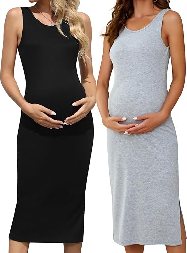 Brynmama Lot de 2 Robes Débardeurs de Grossesse Fendues
