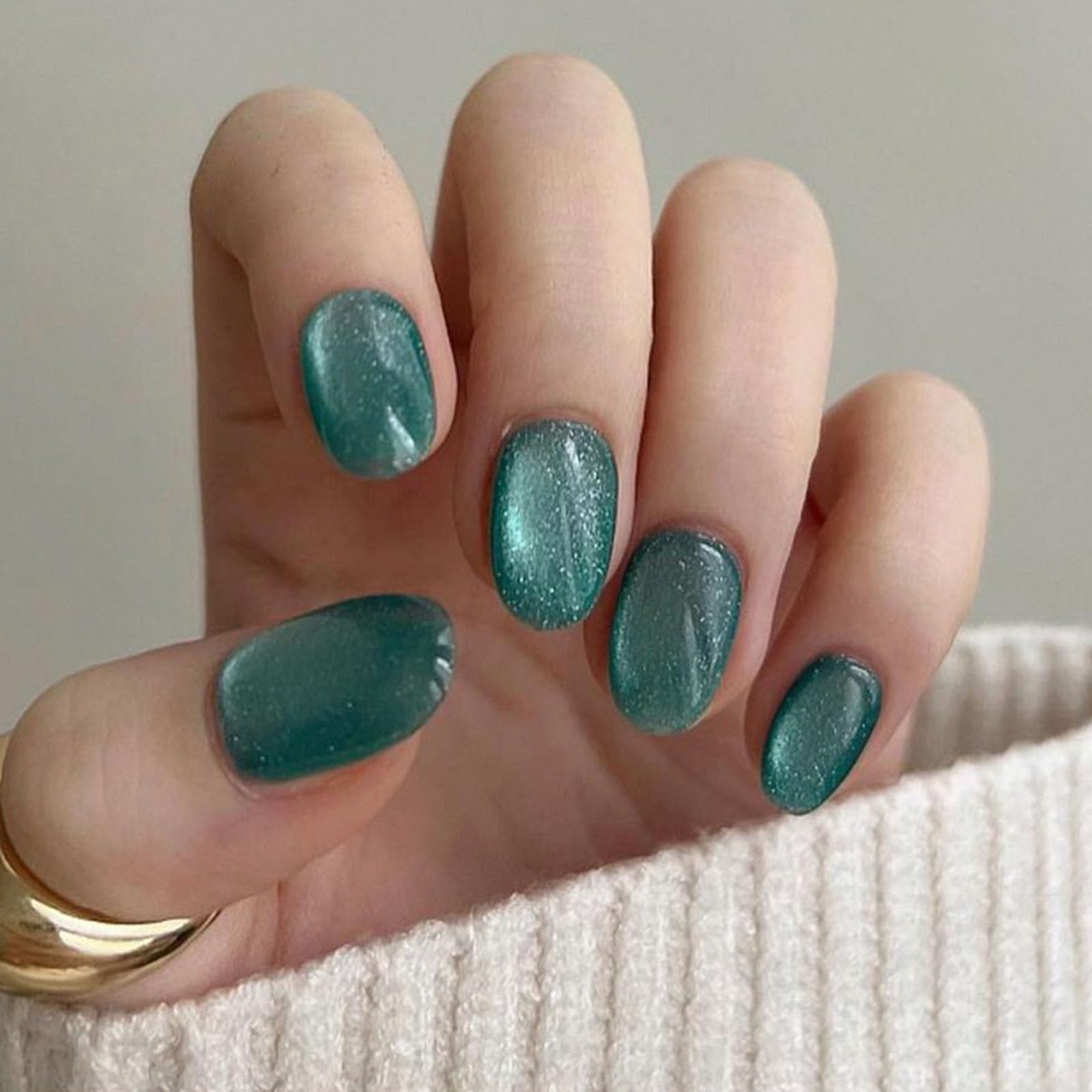 Short Press on Nails Oval Fake Nails Green Nails Press ons Cat Eye Glue on Nails Glossy Acrylic Nails Spring False Nails Cute Artificial Nails Summer