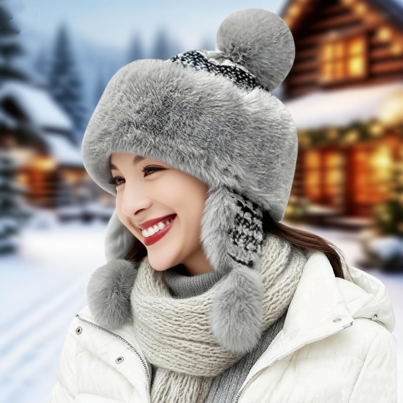 Women Faux Fur Trapper Hat Winter Warm Furry Russian Trooper Hat with Ear Flaps Windproof Ushanka Beanie Cap for Outdoor Ski