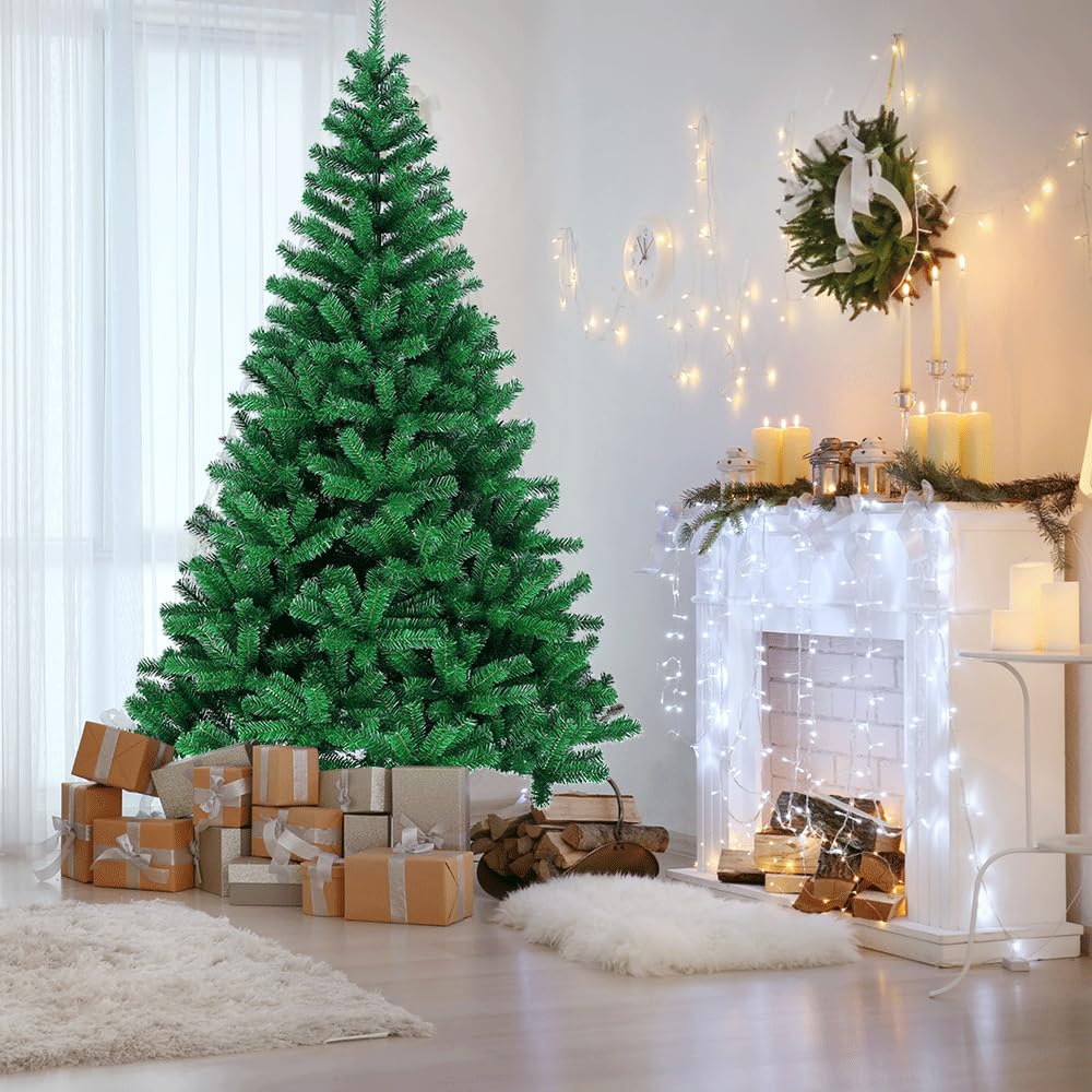 OHMG Sapin de Noël Artificiel 210cm, Arbre de Noel avec 1100 Pointes de Branche en Forme d’Aiguilles de pin, avec Effet Neige de Noël Vert Décoration Fêtes de Noël PVC, Noel