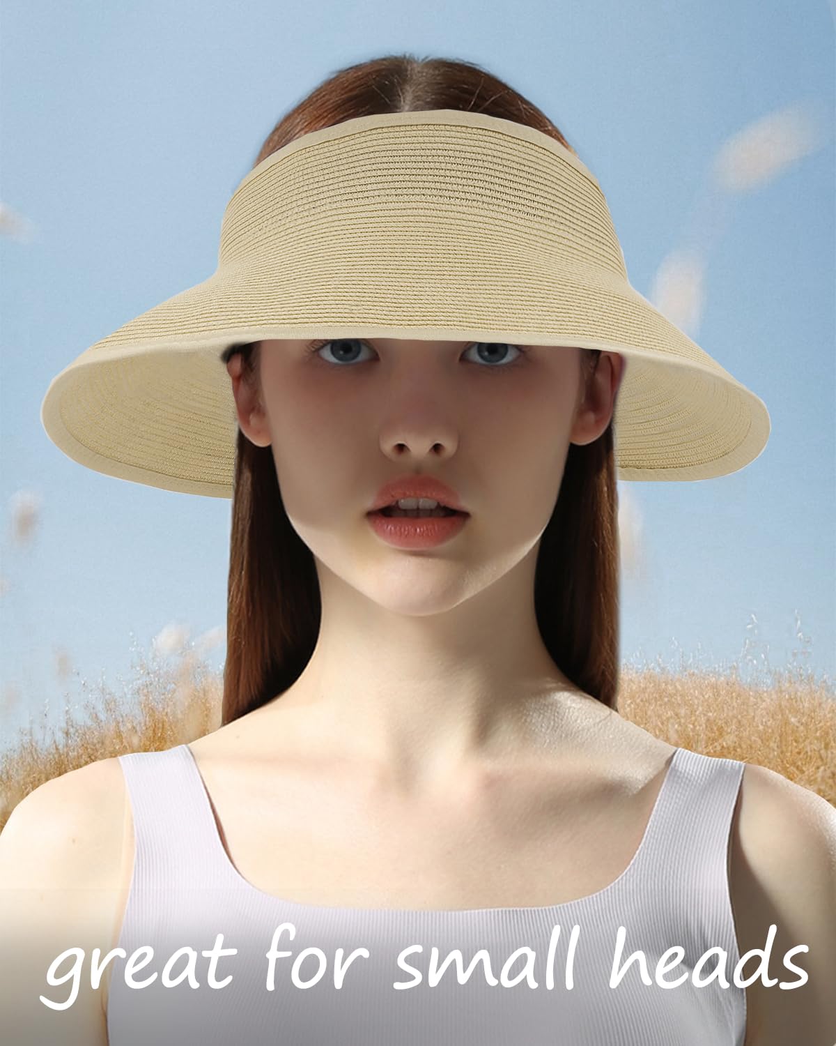 Feng Shui， Sombreros de Sol con Visera de Paja para Cabezas pequeñas,Sombrero de Playa en Topless de ala Ancha pequeña,Sombrero Plegable de Vacaciones UV de Verano