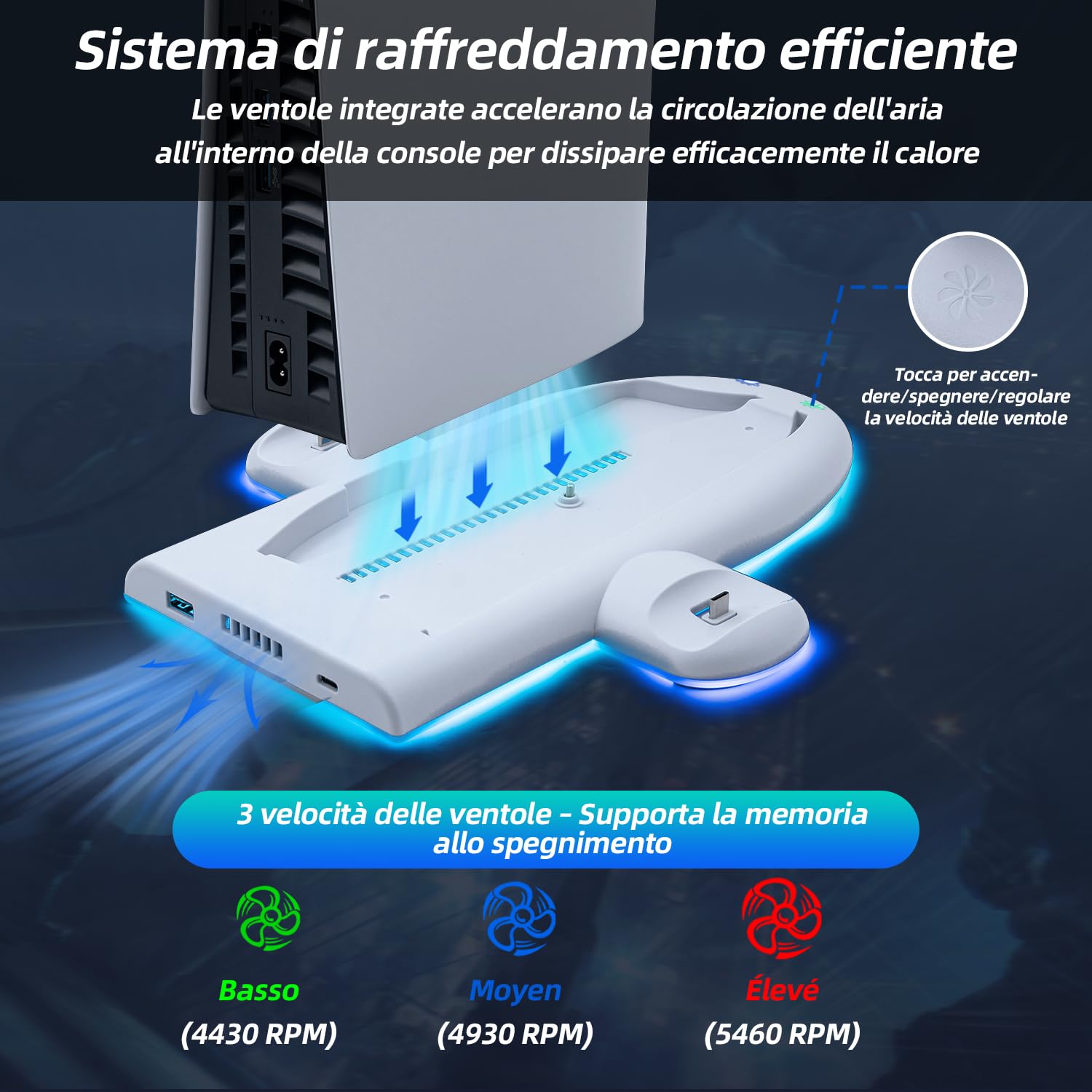 Wigearss Supporto Verticale di Raffreddamento PS5 Slim con 3 Livelli di Velocità Regolabile del Ventilatore, 9 Luci RGB, Doppio Controller di Caricatore per PS5 Slim, Non per PS5/PS5 Pro
