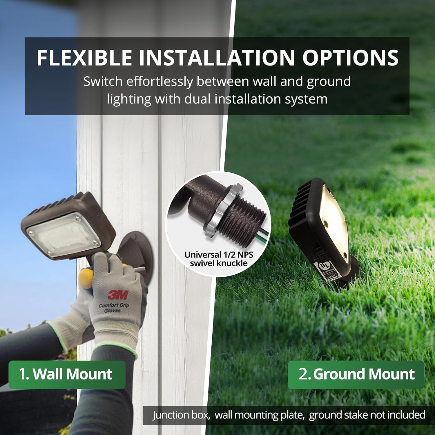 GKOLED 15W Outdoor LED Flood Security Lights, Waterproof Landscape Lighting, 50W PSMH Equivalent, 1500 Lumens, 4000K Cool White, 1/2" Adjustable Knuckle, Compact Size, UL-Listed