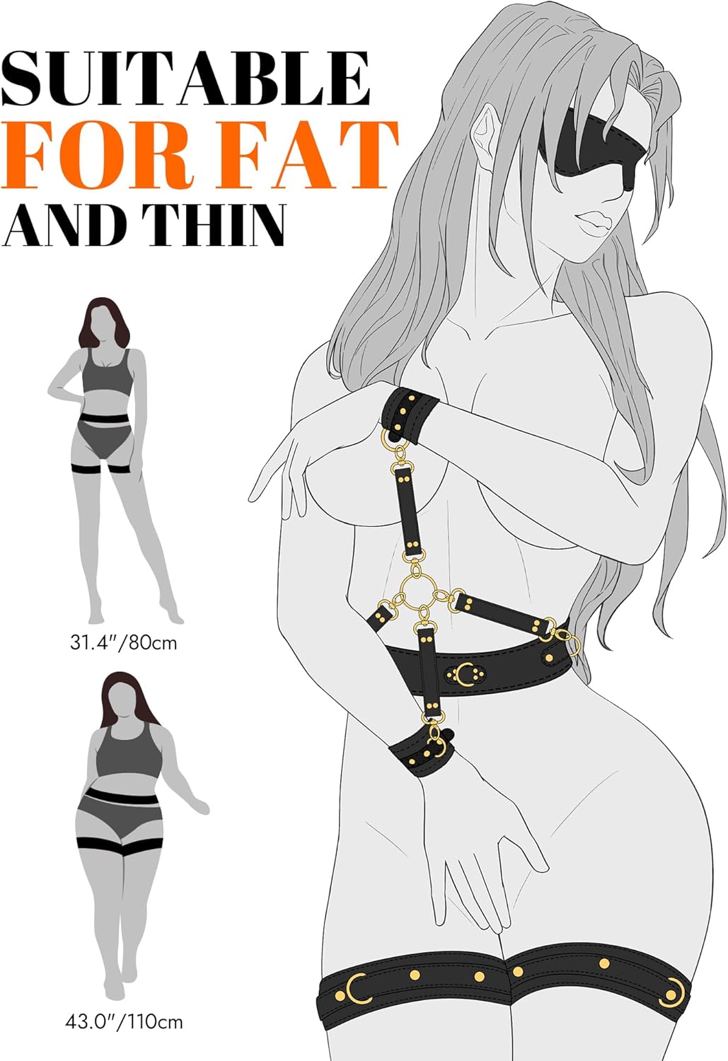 UTIMI Sex Bondage BDSM Kit Restraints Adult SM 6PCS Sets with Adjustable Handcuffs Ankle Cuff Thigh Cuffs Waist Strap Blindfold Cross Strap Sex Toys for Men Women and Couples, Black