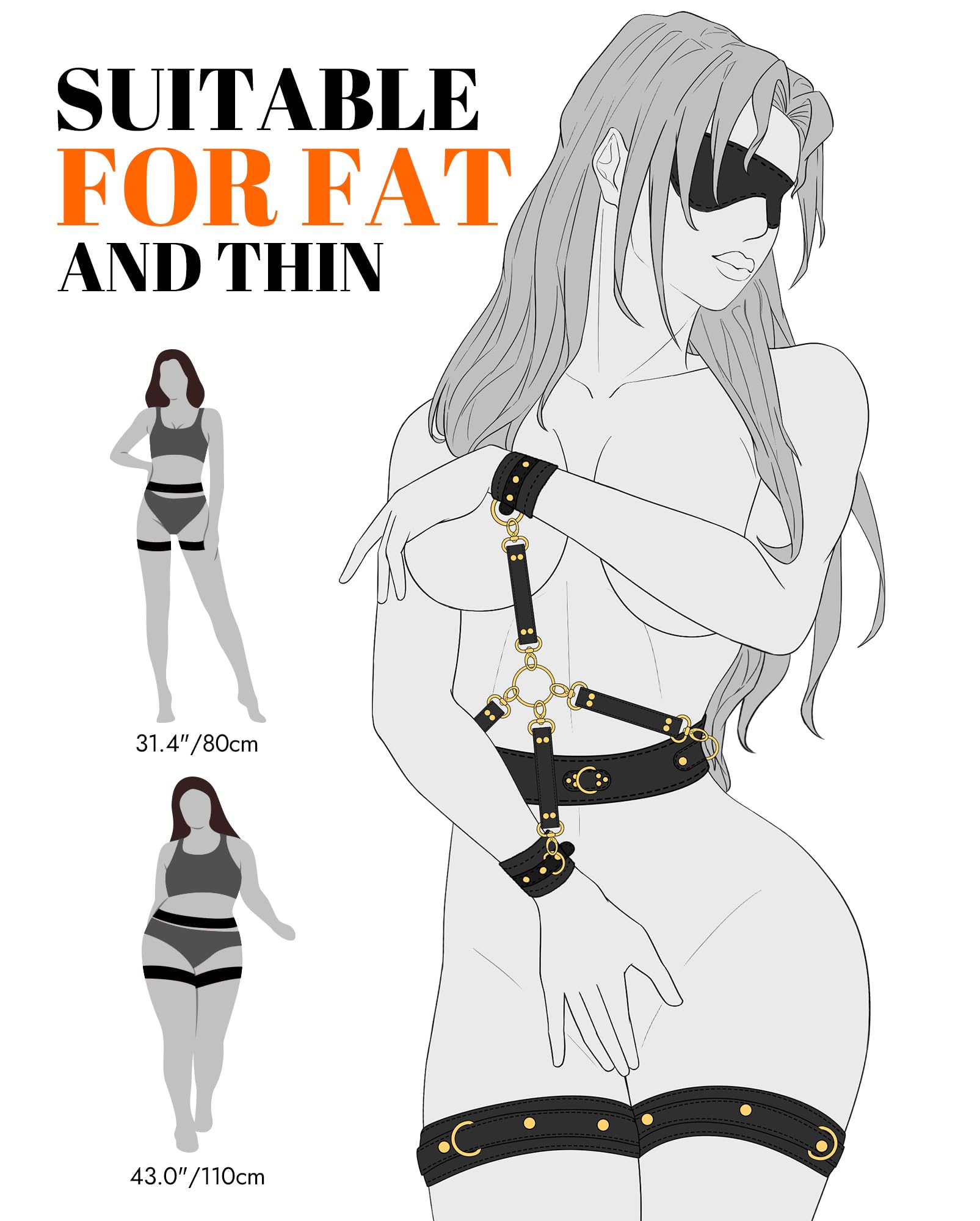 UTIMI Sex Bondage BDSM Kit Restraints Adult SM 6PCS Sets with Adjustable Handcuffs Ankle Cuff Thigh Cuffs Waist Strap Blindfold Cross Strap Sex Toys for Men Women and Couples,: Black