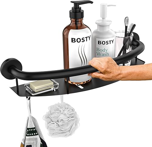 Estante de barra de ducha negro de 18 pulgadas, barra de agarre de acero inoxidable, estante de agarre para champú, estantes de baño de montaje en