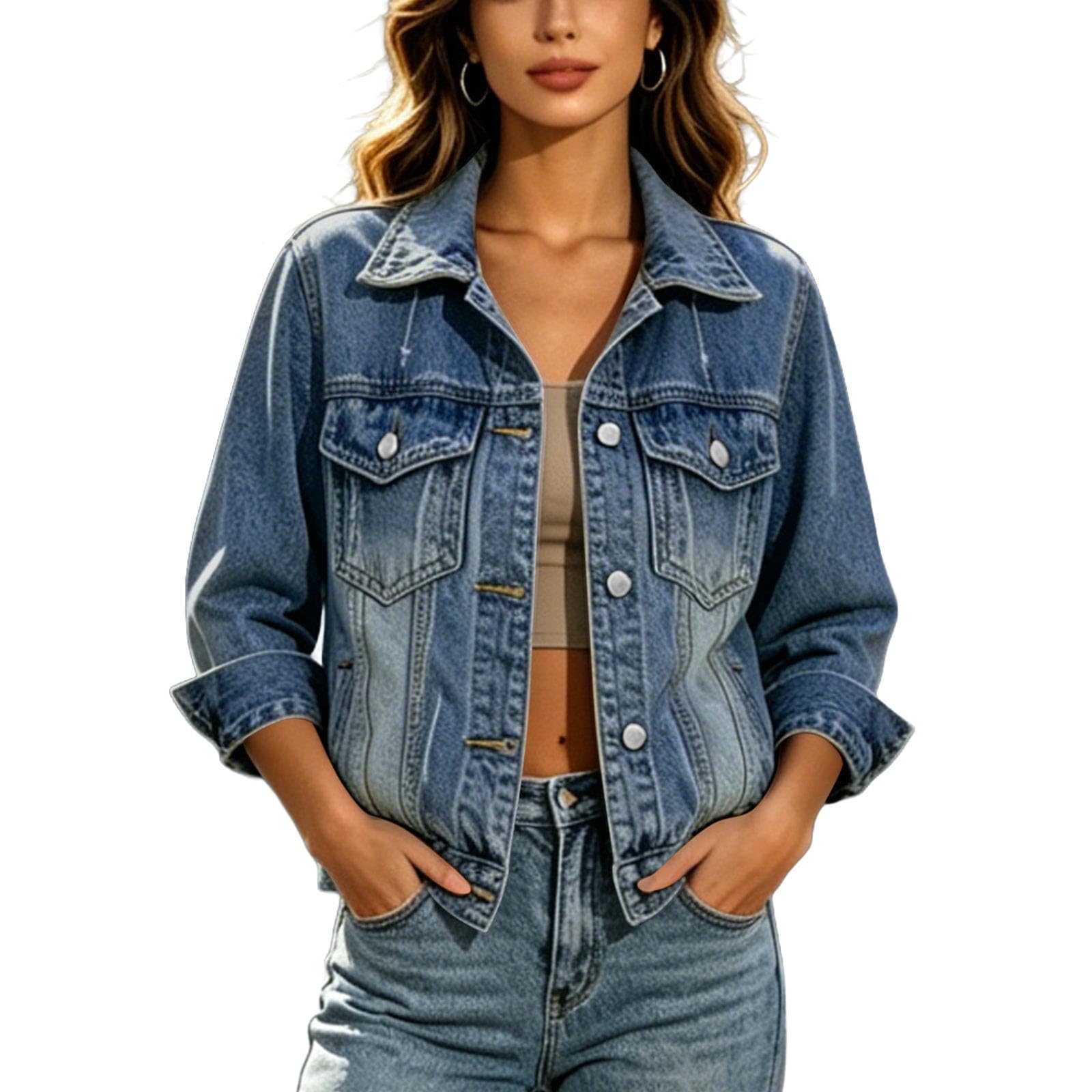 Jeansjacke Damen Jacke Kurz Denim Hemdjacke Button Down Jeans Jacken Casual Herbst Übergangsjacke Vintage Mode Damenjacken Jeansjacken Frauen Sommerjacke mit Taschen Kleidung Kurzjacke Jeanshemd