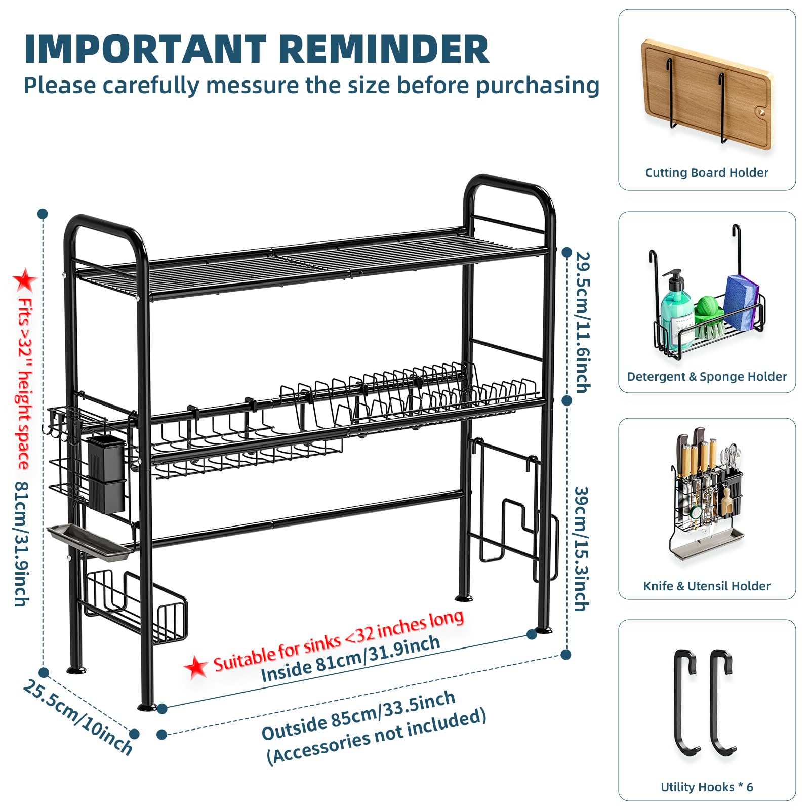 GAOKASE Escurreplatos grande sobre el fregadero, estante de 2 niveles con soporte para utensilios, escurridor de platos para encimera de cocina, organizador de cocina de metal (apto para fregadero ≤
