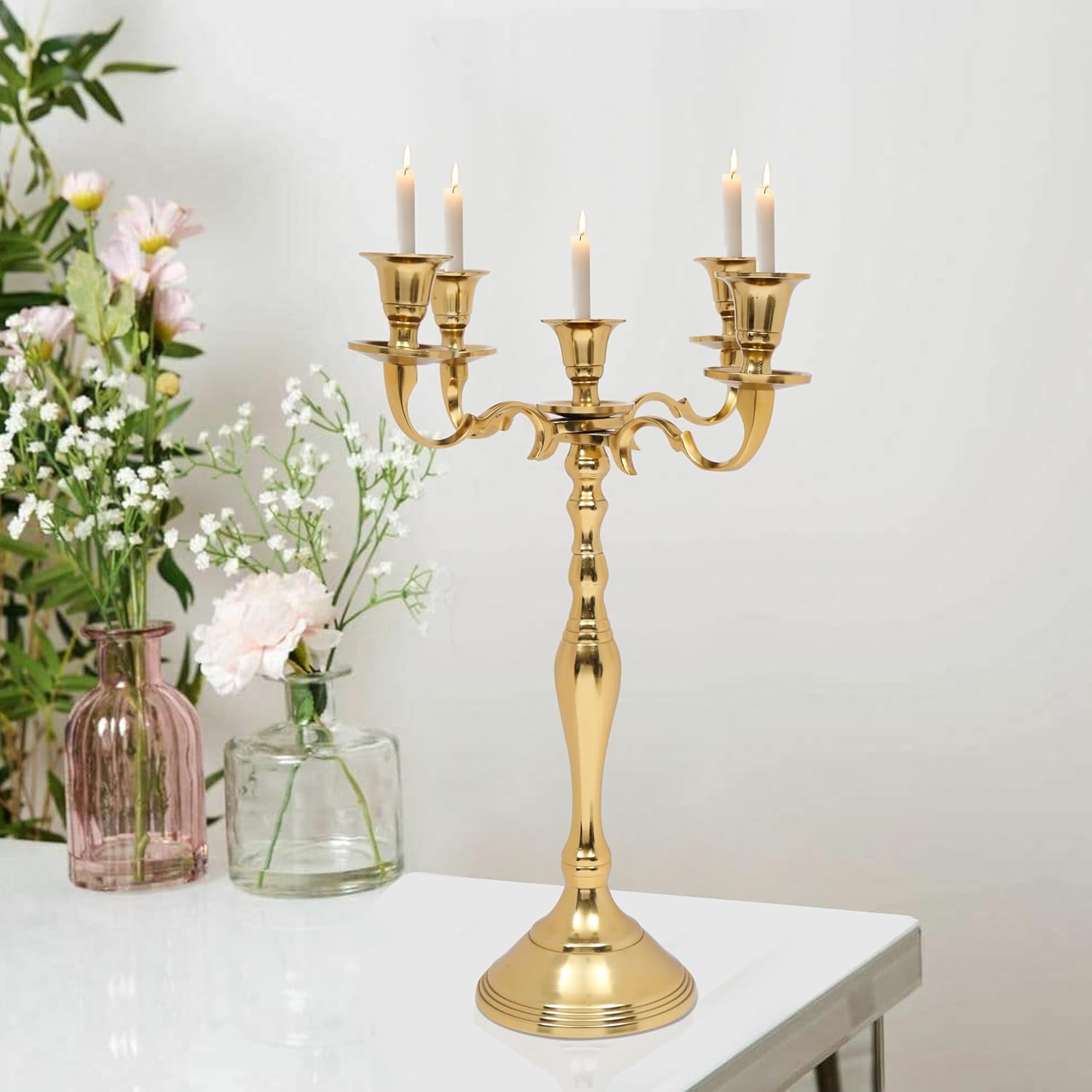 Metal Candelabra Five Arm Decorative Candlestick Holder for Weddings, Events, Dining Table Centerpiece Decoration, Halloween, Thanksgiving, Christmas, New Year & Everyday Use - 16 Inch Tall - Gold - Image 3